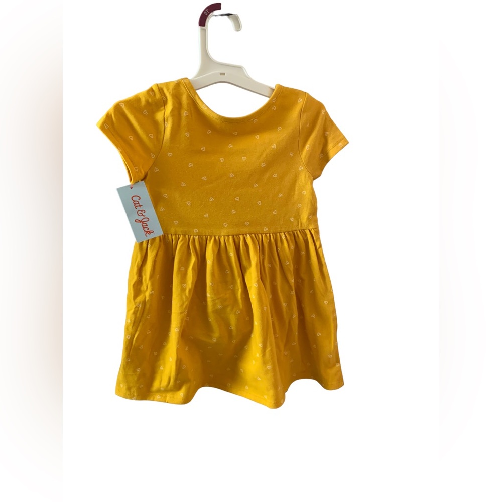 Cat & Jack Short Sleeve Heart Printed Knit Dress 3T Girls Toddler MUSTARD